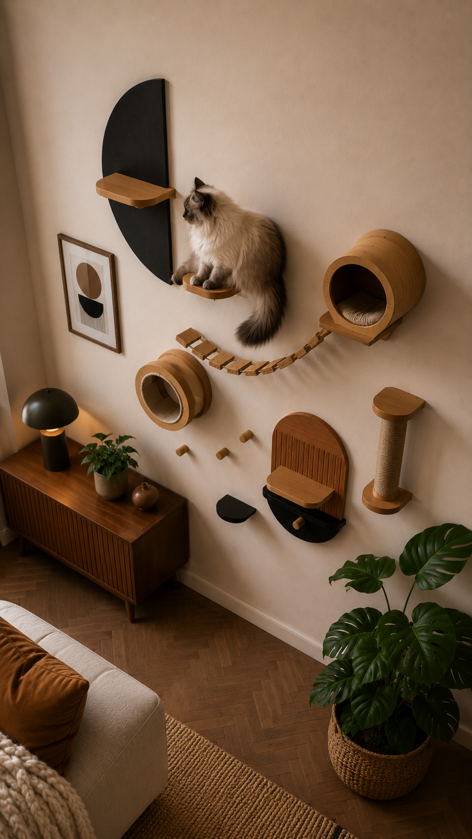 Cozy cat corner with modern climbing wall