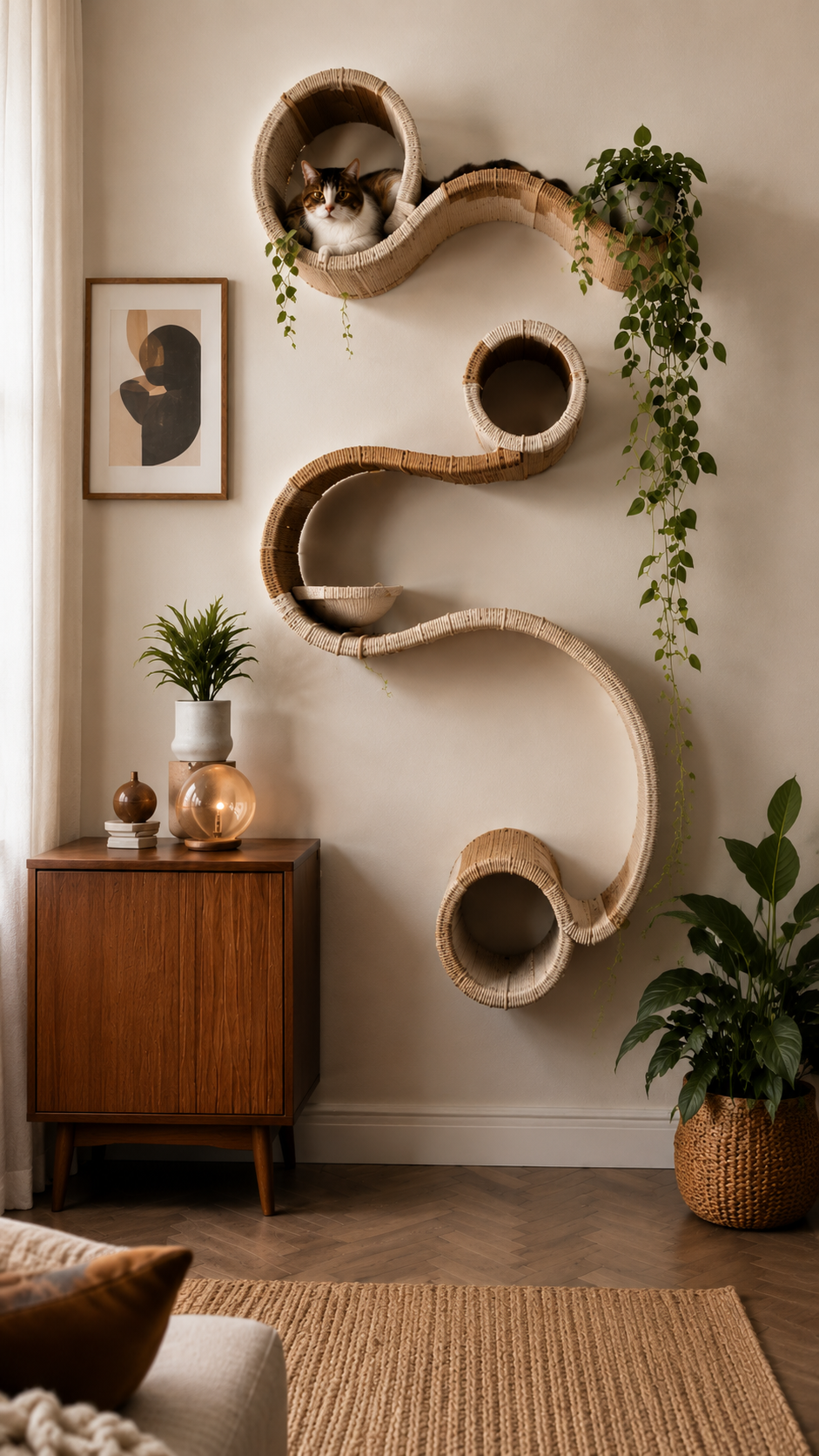 Cozy cat playground in a minimalist living room