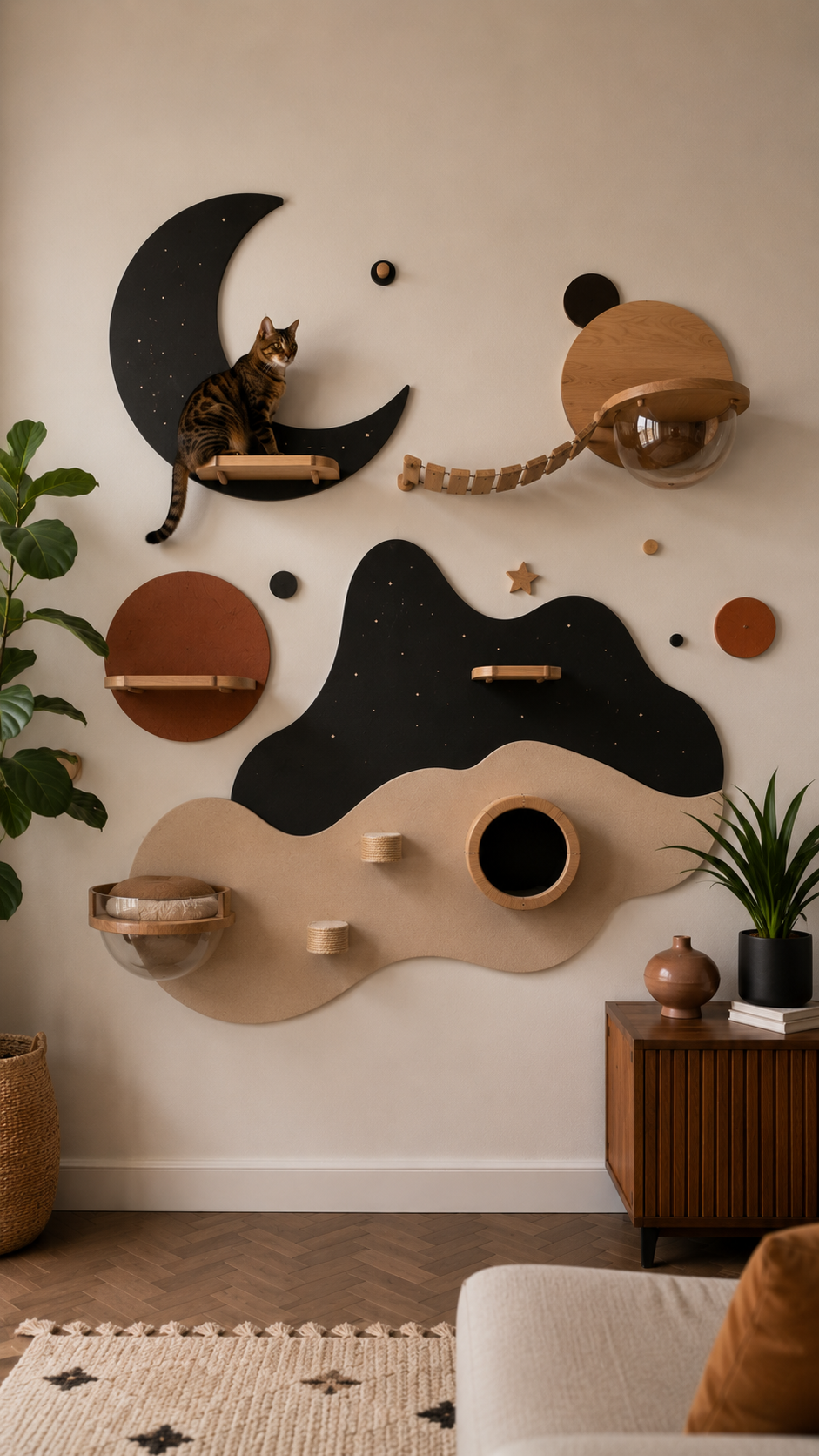 Cozy cat playground with celestial design
