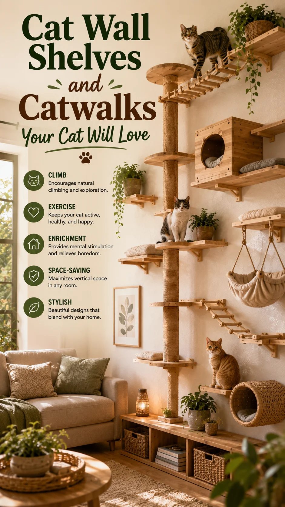 Cozy cat wall with shelves and catwalks