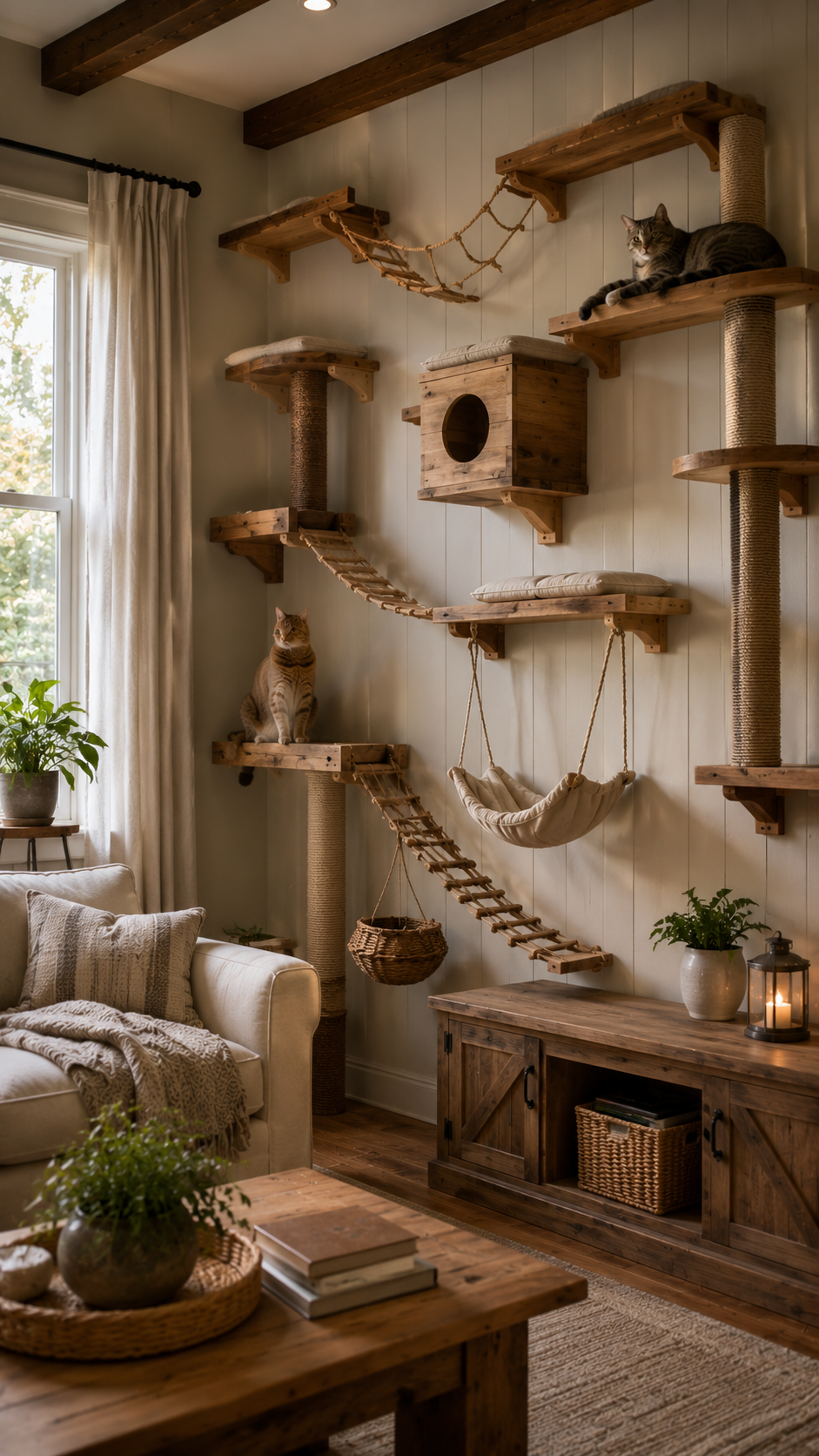 Cozy farmhouse cat playground scene