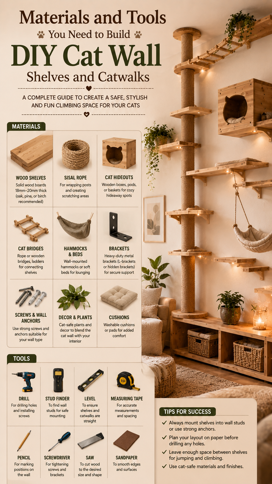 materials and tools you need to build diy cat wall shelves and catwalks