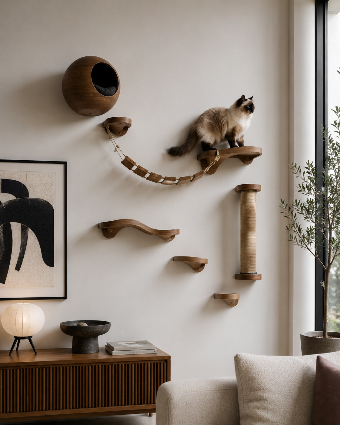 Minimalist cat playground in sunny living room