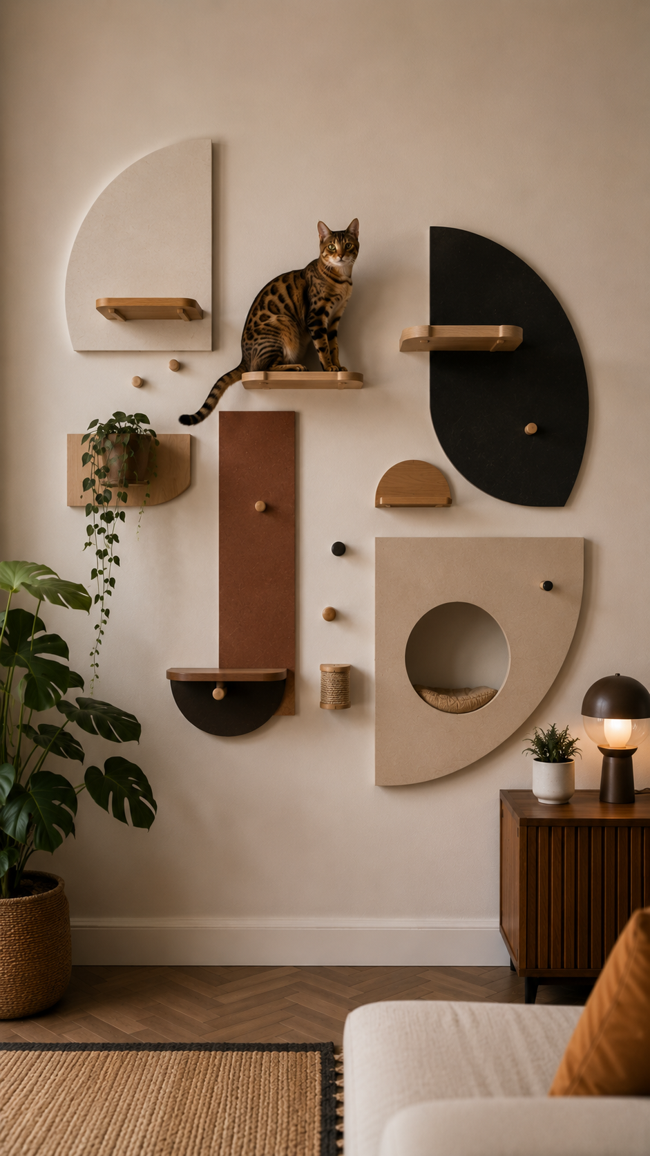 Minimalist living room with cat climbing wall