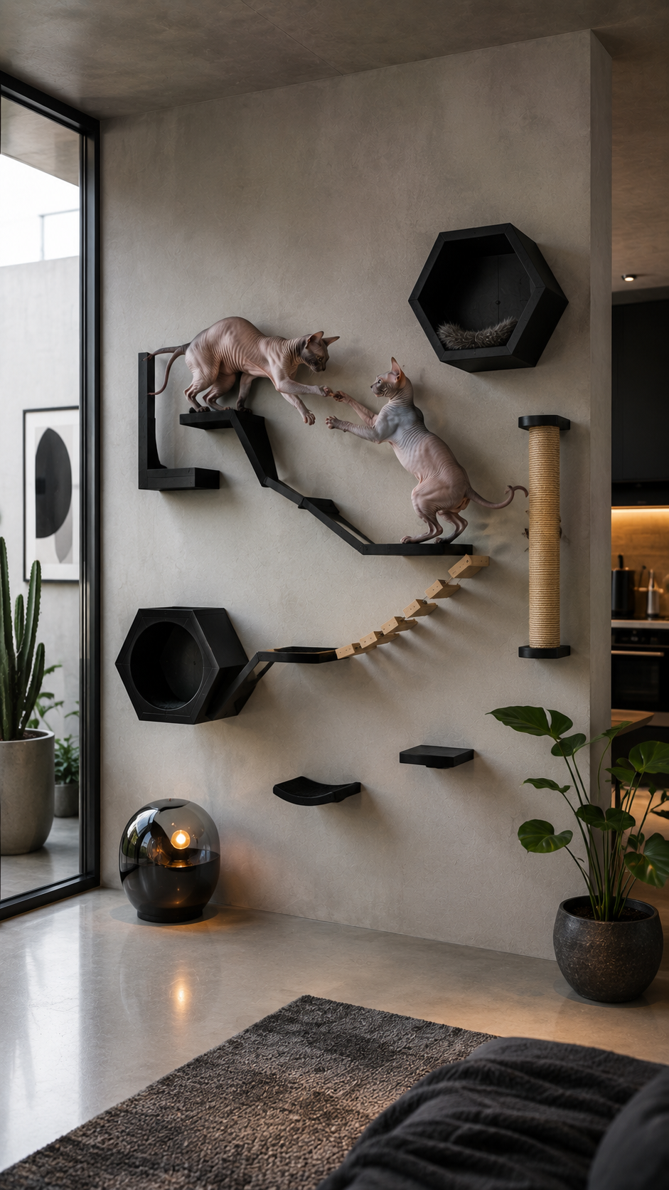 Sphynx cats play on chic wall playground