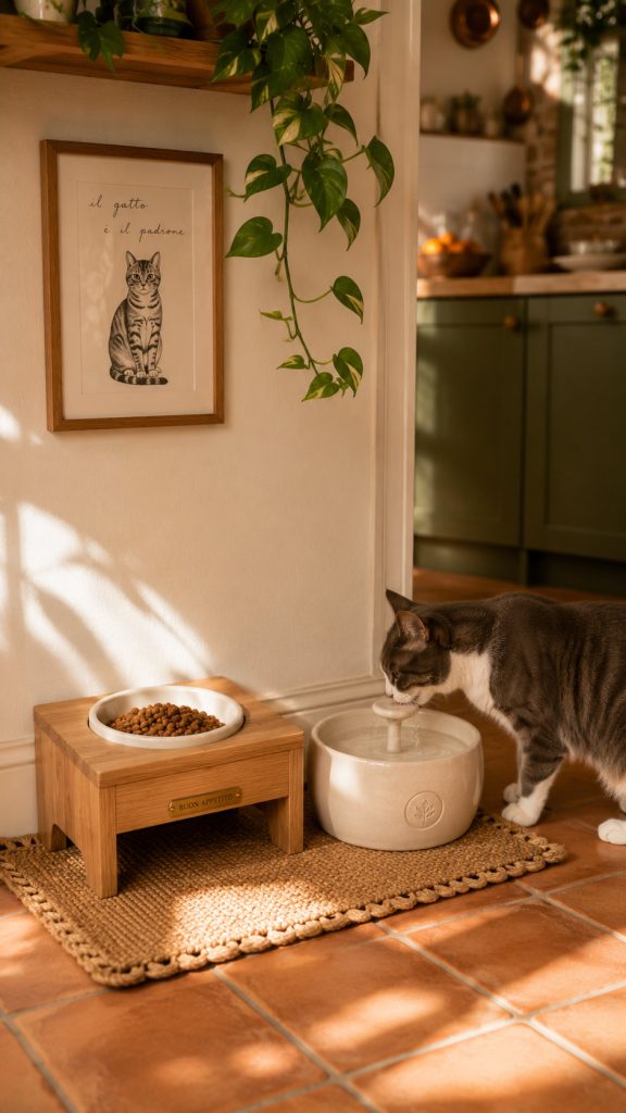cat food station aesthetic for cat cafe corner